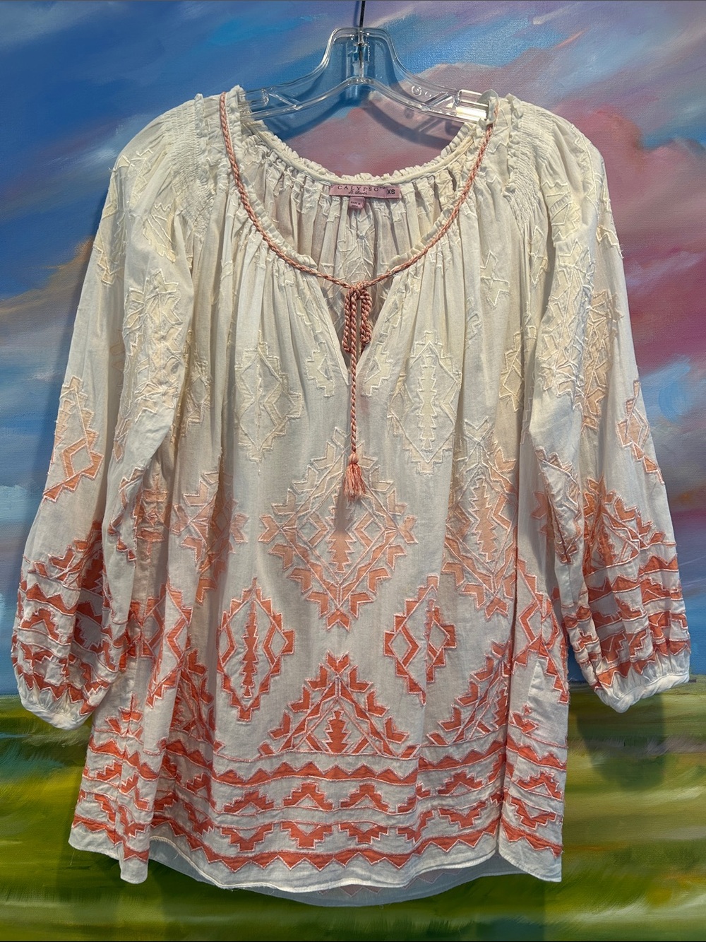 Calypso St. Barth Cream Tunic with Coral Embroidery